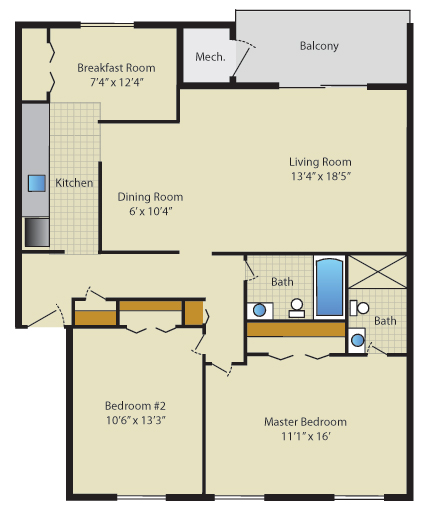 2 bedroom floor plan - 1.5 bathroom with breakfast room