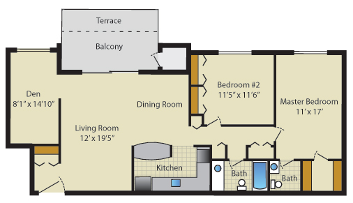 2 bedroom floor plan - 1.5 bathroom with den