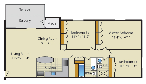 3 bedroom floor plan - 2 bathrooms